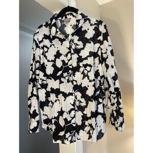 J. Jill 100% Linen Floral Top Button Up Long Sleeve Black/White Petite Small